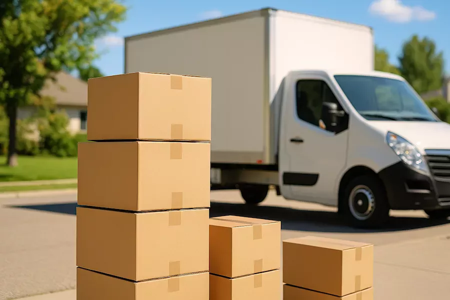 flyttlådor staplade bredvid flyttbil